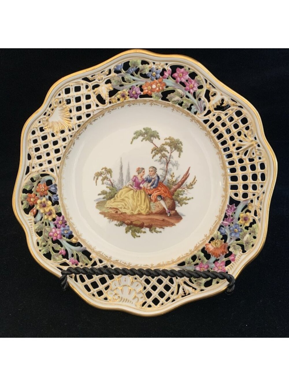 Antique Dresden Helena Wolfsohn Reticulated Cabinet Plate Watteau 8.5" Victorian